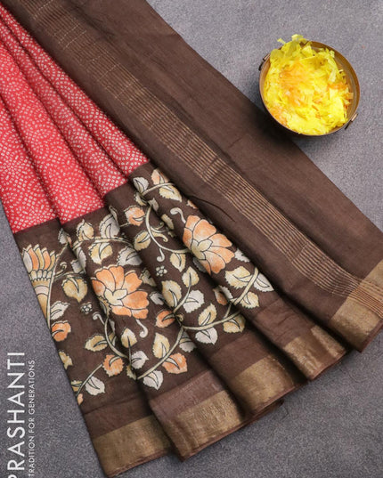 Bhagalpuri saree red and brown with allover bandhani prints and long kalamkari printed zari border - {{ collection.title }} by Prashanti Sarees