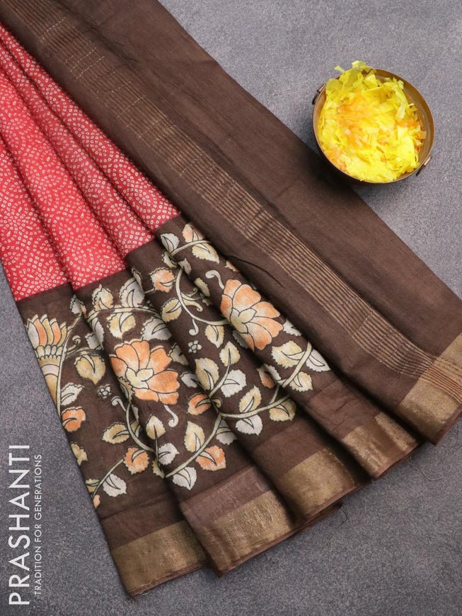 Bhagalpuri saree red and brown with allover bandhani prints and long kalamkari printed zari border - {{ collection.title }} by Prashanti Sarees
