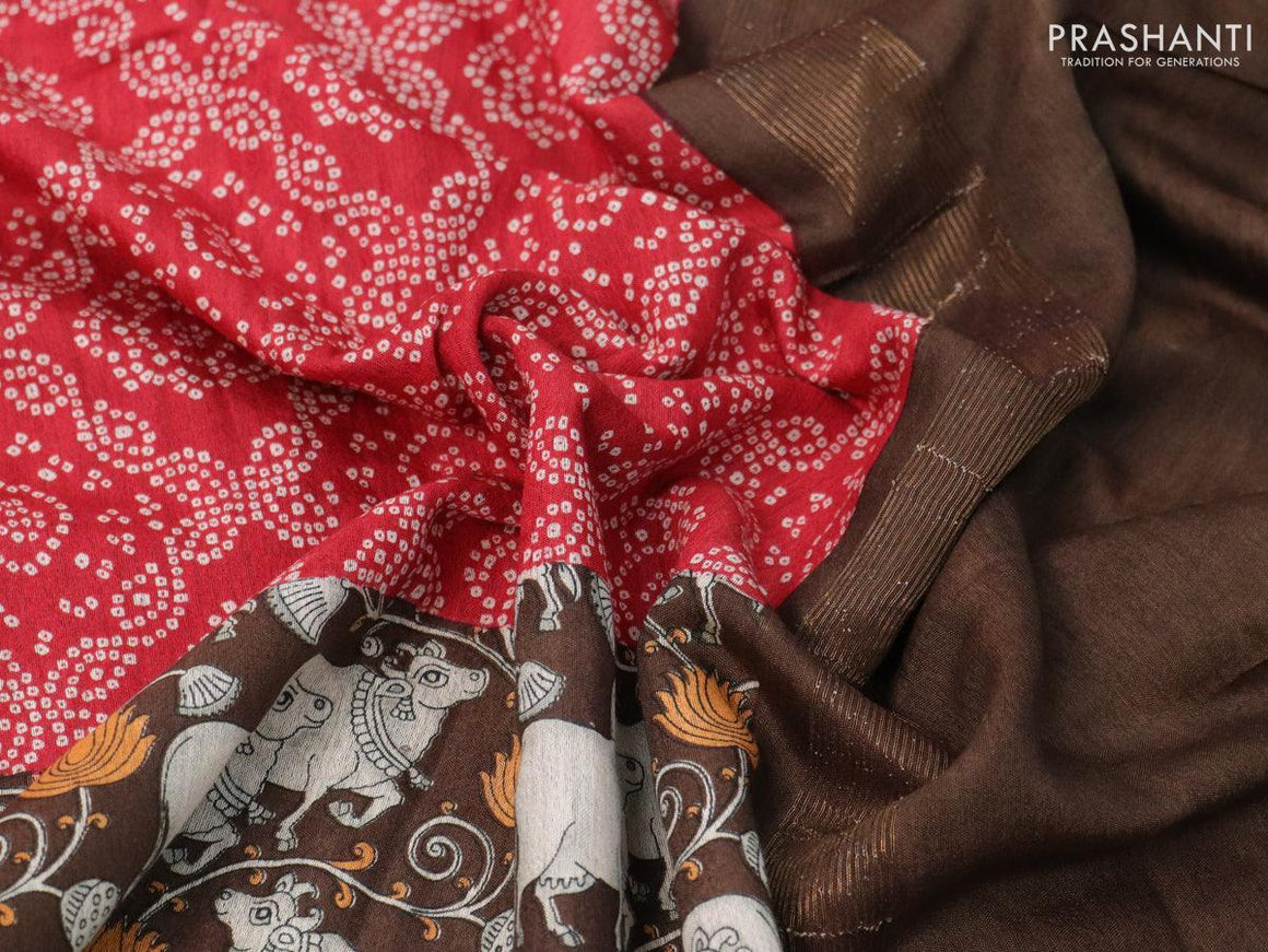 Bhagalpuri saree red and dark oilve green with allover bandhani prints and pichwai prints & zari woven border - {{ collection.title }} by Prashanti Sarees