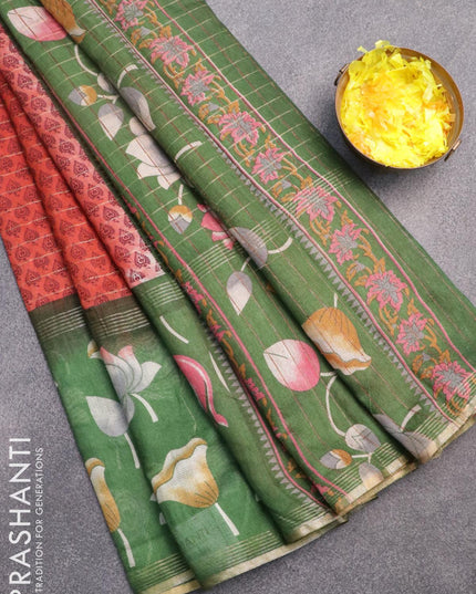 Bhagalpuri saree red and green with allover prints & zari stripes pattern and pichwai printed border - {{ collection.title }} by Prashanti Sarees