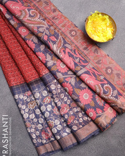 Bhagalpuri saree red maroon and blue with allover zari checked pattern and long kalamkari printed zari border - {{ collection.title }} by Prashanti Sarees