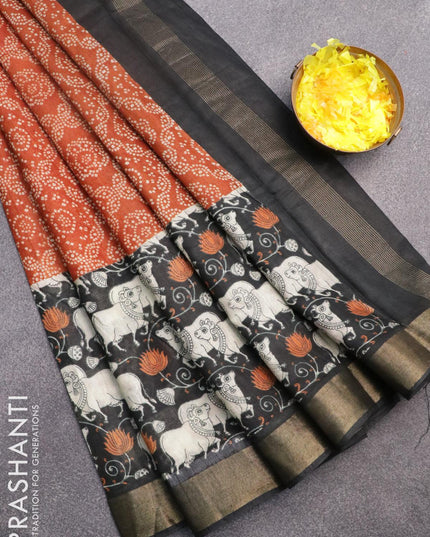 Bhagalpuri saree rust shade and black with allover bandhani prints and long pichwai printed zari woven border - {{ collection.title }} by Prashanti Sarees