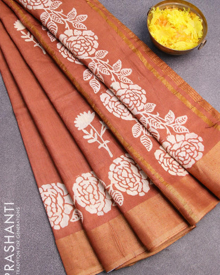 Bhagalpuri saree rust shade with floral butta prints and zari woven border - {{ collection.title }} by Prashanti Sarees