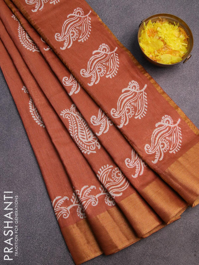 Bhagalpuri saree rust shade with paisley butta prints and silver zari woven border - {{ collection.title }} by Prashanti Sarees