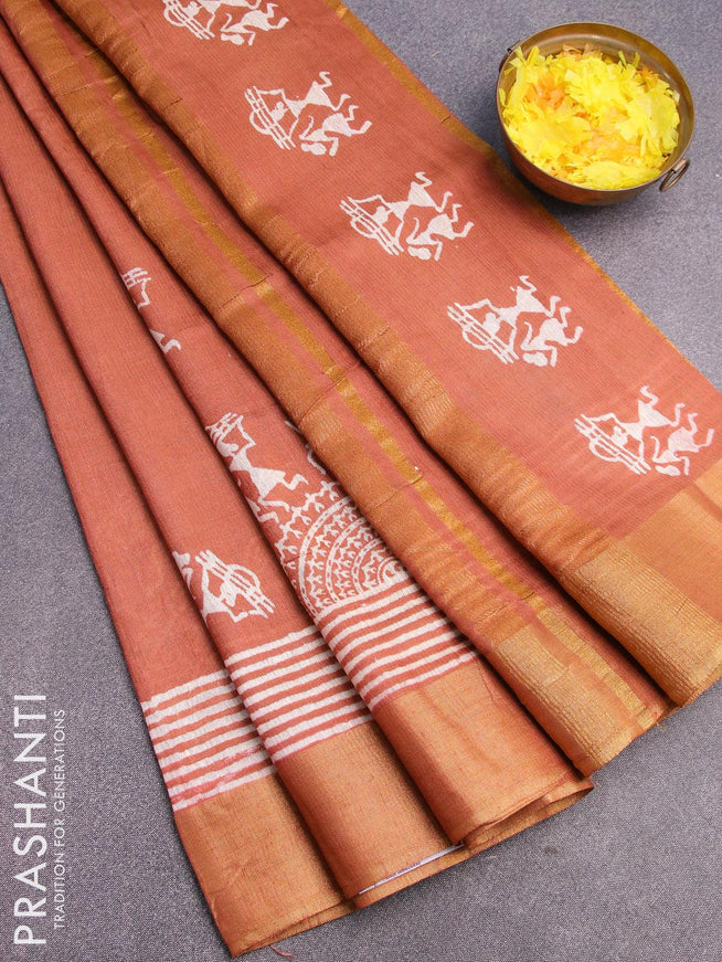 Bhagalpuri saree rust shade with warli butta prints and zari woven border - {{ collection.title }} by Prashanti Sarees