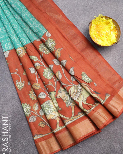 Bhagalpuri saree teal blue and rust orange with allover bandhani prints and long pichwai printed zari woven border - {{ collection.title }} by Prashanti Sarees