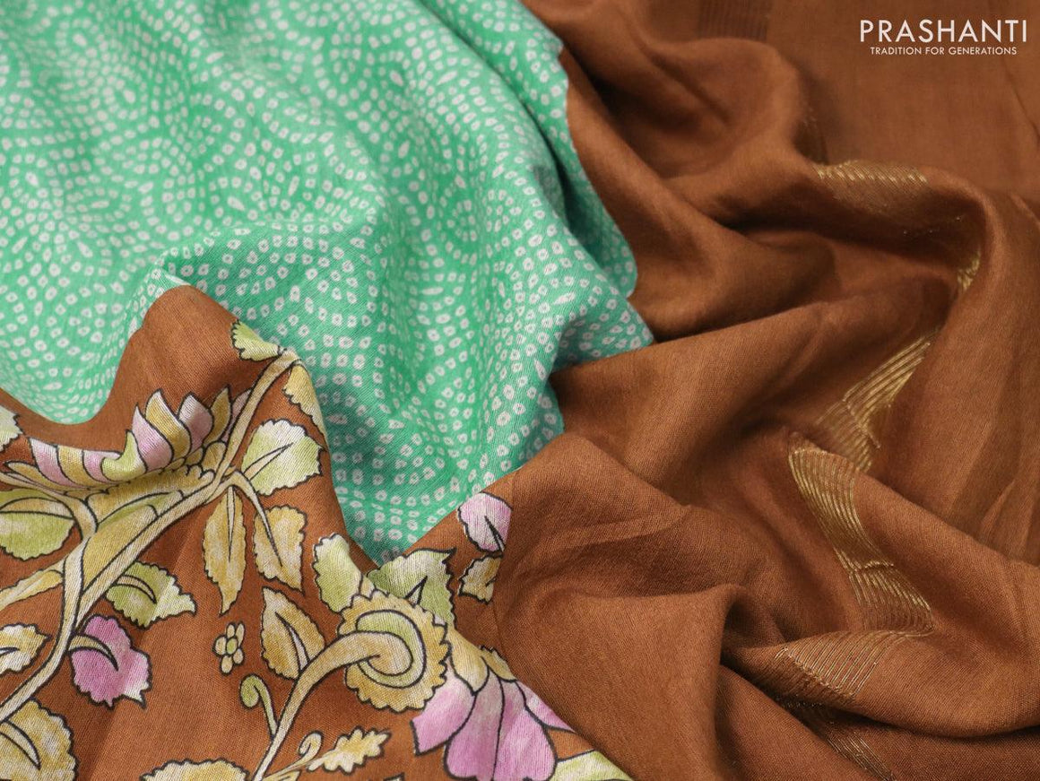 Bhagalpuri saree teal blue and rustic orange with allover bandhani prints and kalamkar prints & zari woven border - {{ collection.title }} by Prashanti Sarees