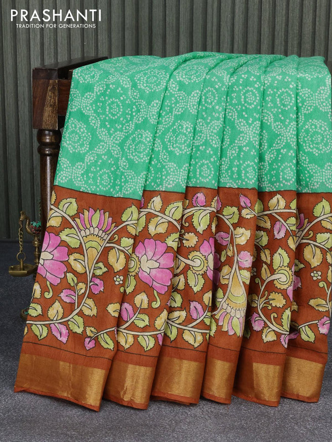 Bhagalpuri saree teal blue and rustic orange with allover bandhani prints and kalamkari prints & zari woven border - {{ collection.title }} by Prashanti Sarees