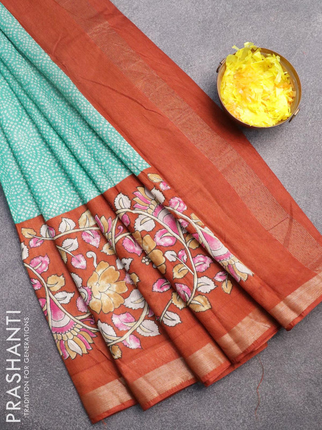 Bhagalpuri saree teal green and rustic orange with allover bandhani prints and long kalamkari printed zari border - {{ collection.title }} by Prashanti Sarees