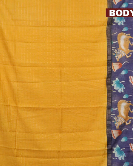 Bhagalpuri saree yellow and blue with allover zari woven stripes pattern and pichwai printed border - {{ collection.title }} by Prashanti Sarees