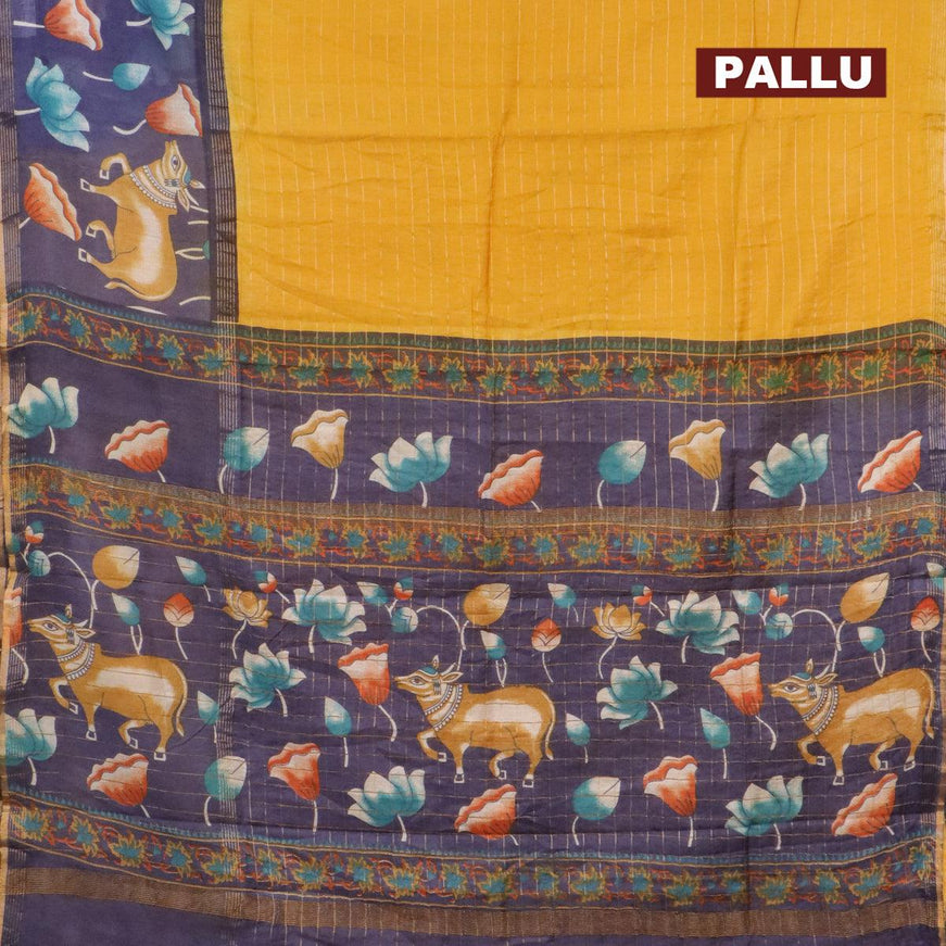 Bhagalpuri saree yellow and blue with allover zari woven stripes pattern and pichwai printed border - {{ collection.title }} by Prashanti Sarees