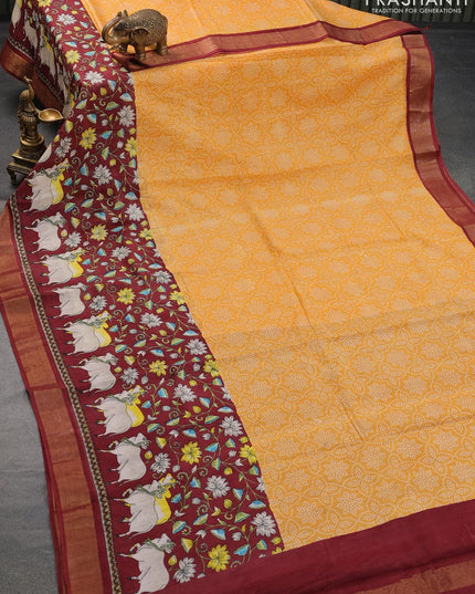 Bhagalpuri saree yellow and maroon with allover bandhani prints and pichwai prints & zari woven border - {{ collection.title }} by Prashanti Sarees