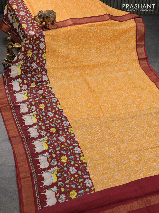 Bhagalpuri saree yellow and maroon with allover bandhani prints and pichwai prints & zari woven border - {{ collection.title }} by Prashanti Sarees
