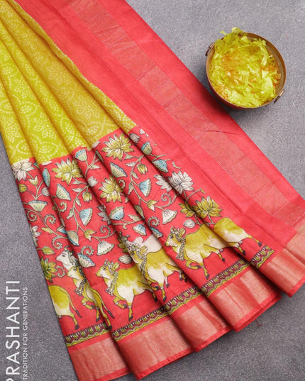 Bhagalpuri saree yellow and red with allover bandhani prints and long pichwai printed zari woven border - {{ collection.title }} by Prashanti Sarees