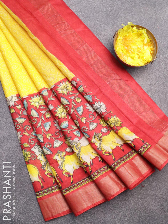 Bhagalpuri saree yellow and red with plain body and long pichwai printed zari woven border - {{ collection.title }} by Prashanti Sarees