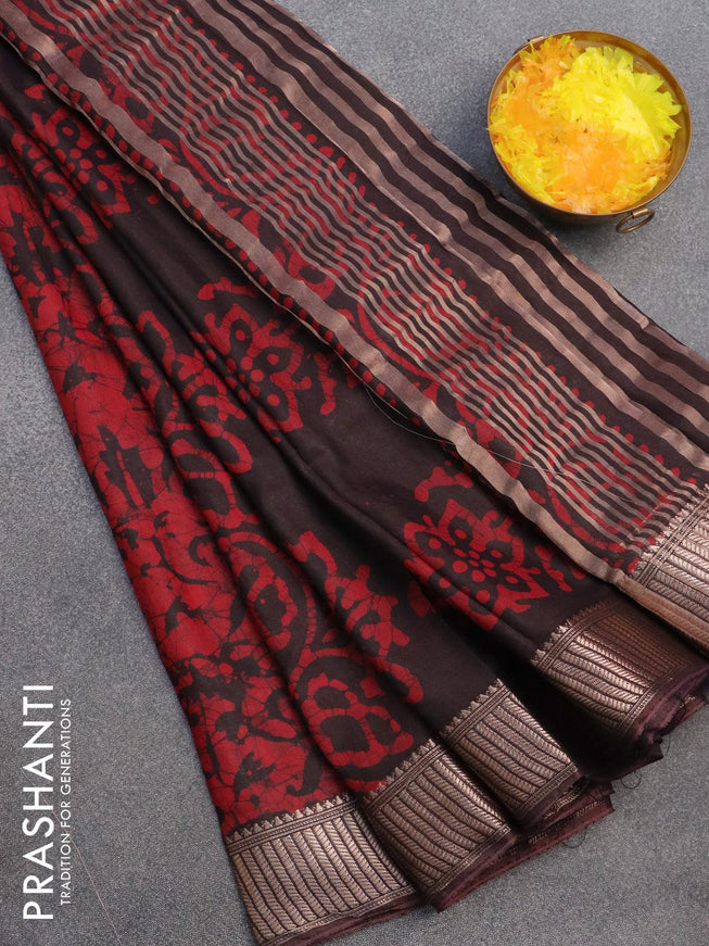 Binny silk saree deep coffee brown with allover batik prints and zari woven border - {{ collection.title }} by Prashanti Sarees