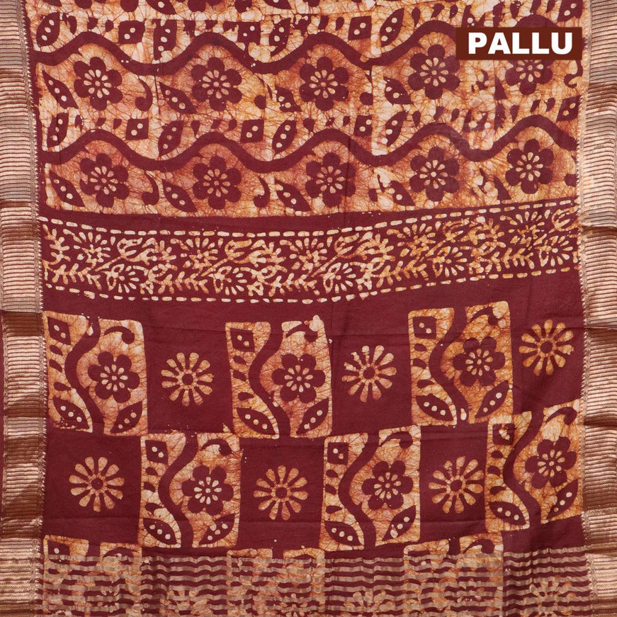Binny Silk saree deep maroon and beige with allover batik prints and zari woven border - {{ collection.title }} by Prashanti Sarees