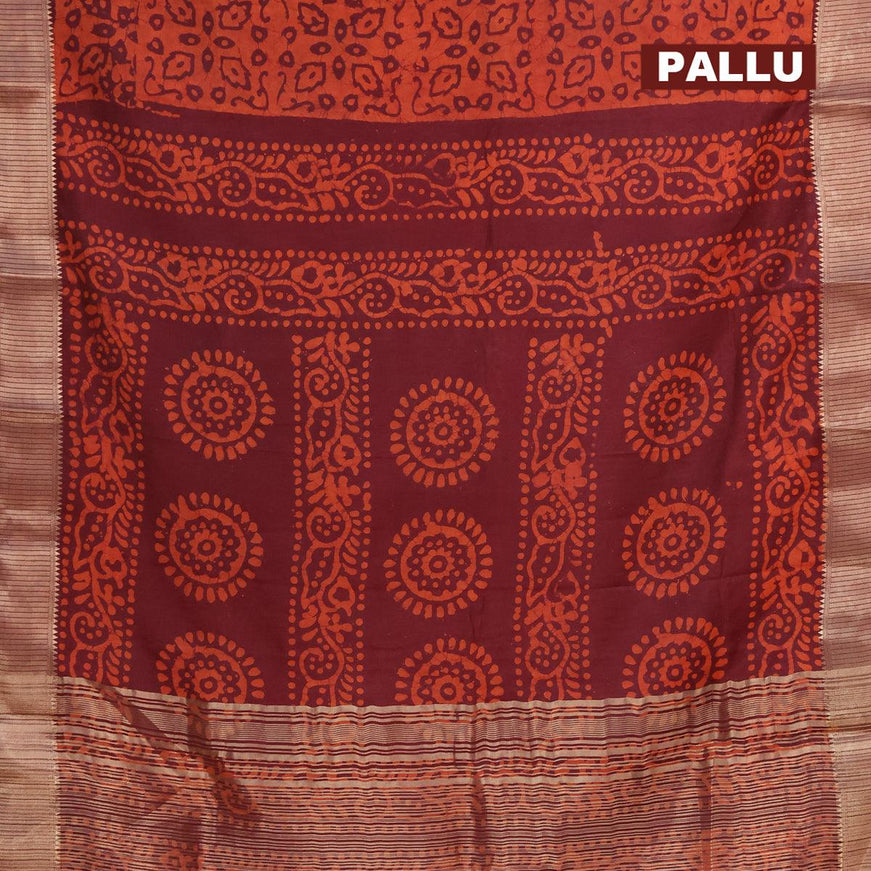 Binny silk saree deep maroon and orange with allover batik prints and zari woven border - {{ collection.title }} by Prashanti Sarees