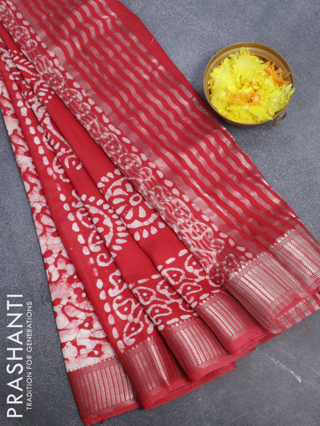 Binny Silk saree red and off white with allover batik prints and zari woven border - {{ collection.title }} by Prashanti Sarees