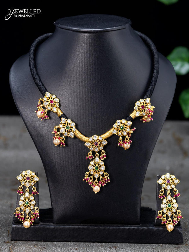 Black thread necklace kemp and cz stone with pearl hangings - {{ collection.title }} by Prashanti Sarees