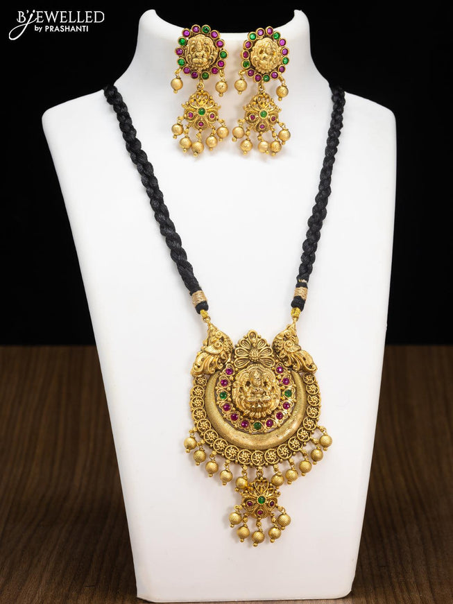 Black thread necklace kemp stone with lakshmi pendant and golden beads hangings - {{ collection.title }} by Prashanti Sarees