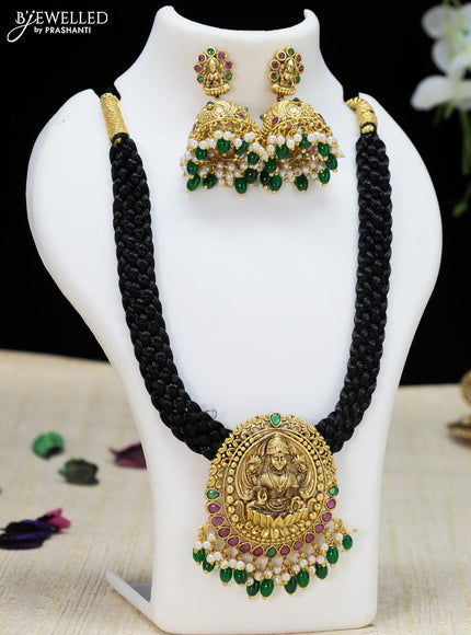 Black thread necklace lakshmi design with kemp stone and green beads hanging - {{ collection.title }} by Prashanti Sarees