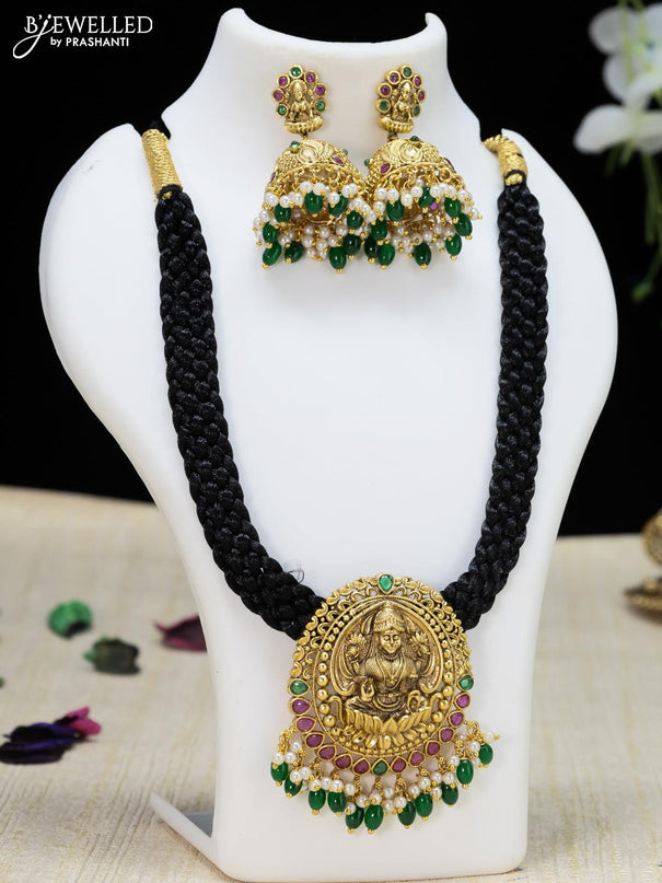 Black thread necklace lakshmi design with kemp stone and green beads hanging - {{ collection.title }} by Prashanti Sarees