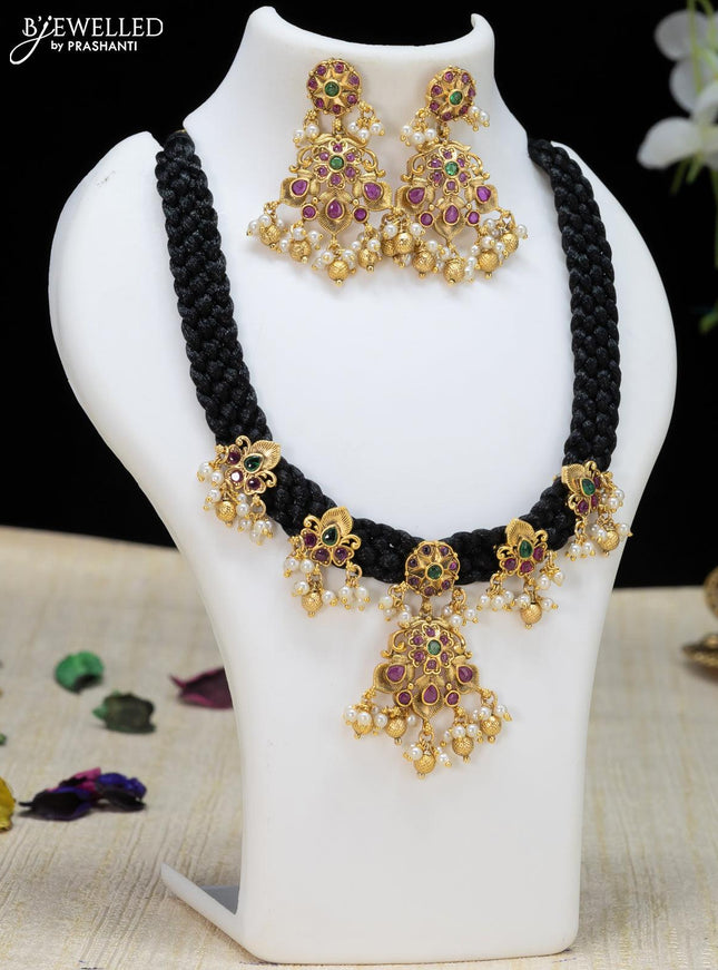 Black thread necklace with kemp stone and golden beads hanging - {{ collection.title }} by Prashanti Sarees