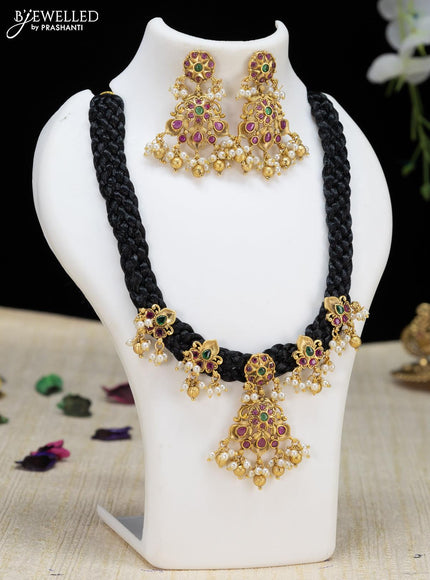 Black thread necklace with kemp stone and golden beads hanging - {{ collection.title }} by Prashanti Sarees
