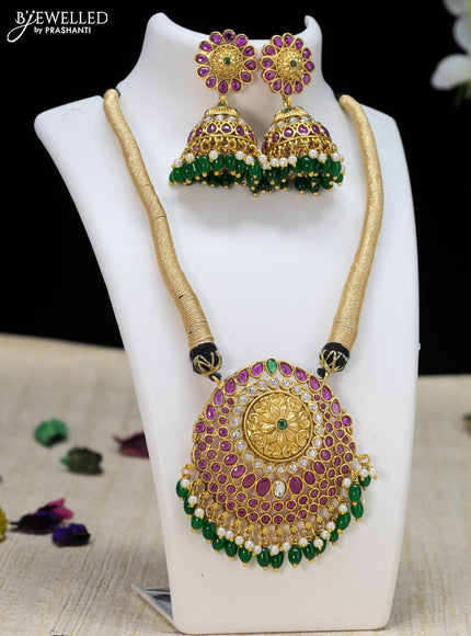 Black thread necklace with kemp stone and green beads hanging - {{ collection.title }} by Prashanti Sarees