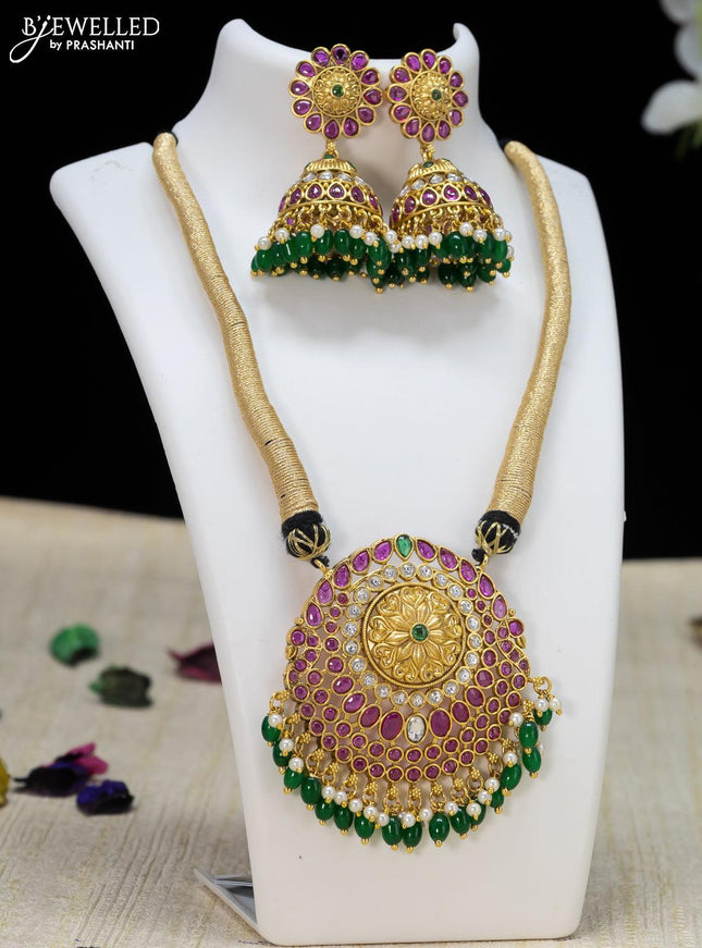 Black thread necklace with kemp stone and green beads hanging - {{ collection.title }} by Prashanti Sarees