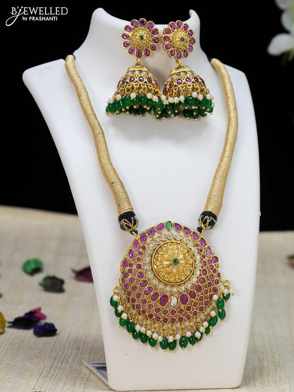 Black thread necklace with kemp stone and green beads hanging - {{ collection.title }} by Prashanti Sarees