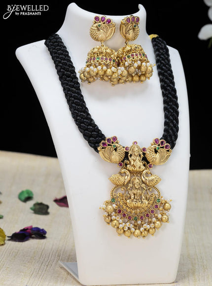 Black thread necklace with kemp stone and lakshmi pendant - {{ collection.title }} by Prashanti Sarees