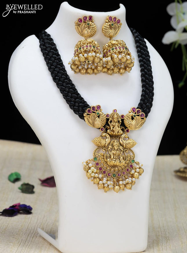 Black thread necklace with lakshmi pendant and golden beads hanging - {{ collection.title }} by Prashanti Sarees