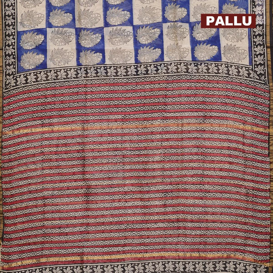 Chanderi bagru saree beige blue and black with allover floral butta prints and small zari woven border - {{ collection.title }} by Prashanti Sarees