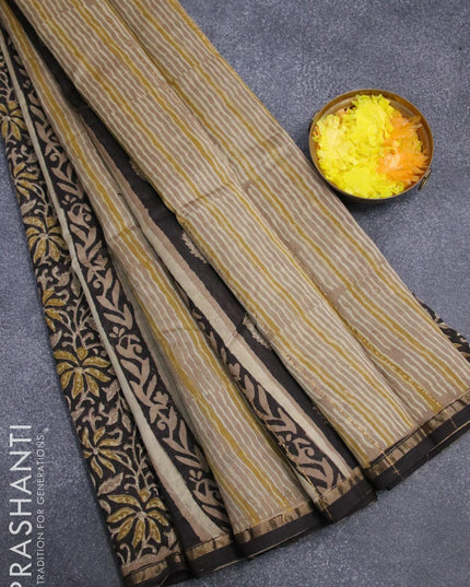 Chanderi bagru saree black and brown shade with allover prints and small zari woven border - {{ collection.title }} by Prashanti Sarees