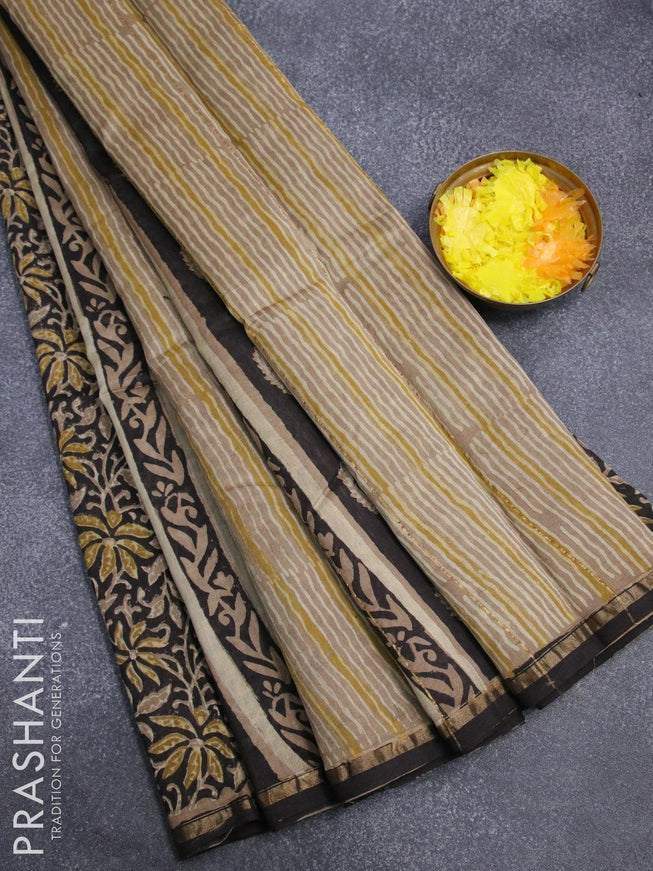 Chanderi bagru saree black and brown shade with allover prints and small zari woven border - {{ collection.title }} by Prashanti Sarees