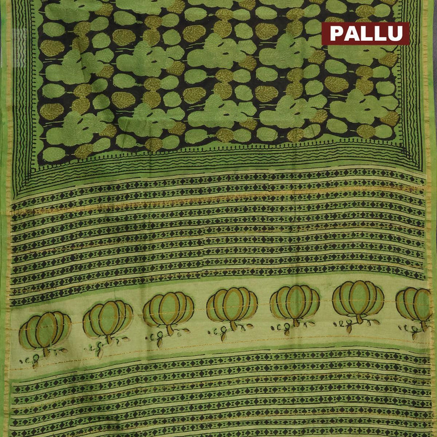 Chanderi bagru saree black and green with allover leaf prints and small zari woven border - {{ collection.title }} by Prashanti Sarees