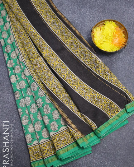 Chanderi bagru saree green and yellow with allover floral butta prints and small zari woven border - {{ collection.title }} by Prashanti Sarees