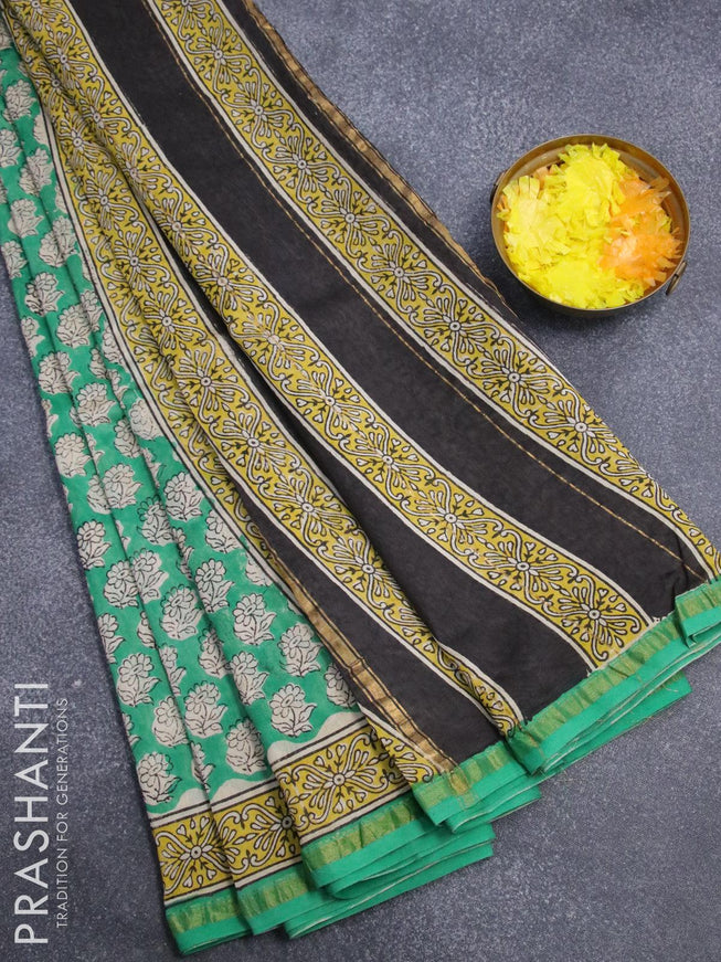 Chanderi bagru saree green and yellow with allover floral butta prints and small zari woven border - {{ collection.title }} by Prashanti Sarees