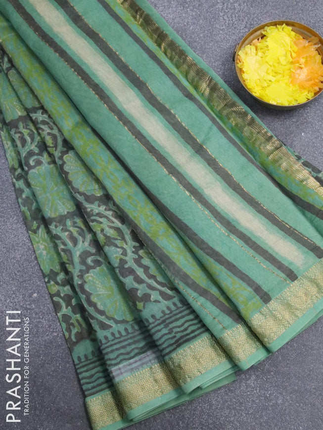 Chanderi bagru saree grey and green with allover prints and maheshwari border - {{ collection.title }} by Prashanti Sarees
