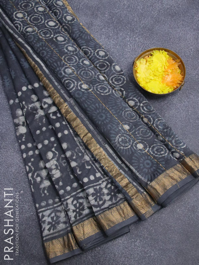 Chanderi bagru saree grey with allover butta prints and maheshwari border - {{ collection.title }} by Prashanti Sarees