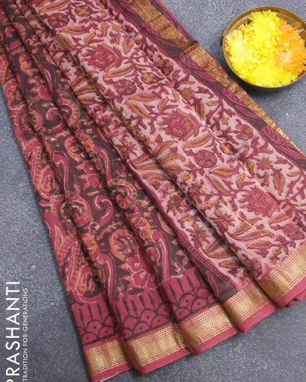 Chanderi bagru saree maroon with allover paisley prints and maheshwari border - {{ collection.title }} by Prashanti Sarees
