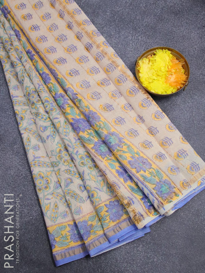 Chanderi bagru saree off white and blue with allover floral prints and small zari woven border - {{ collection.title }} by Prashanti Sarees