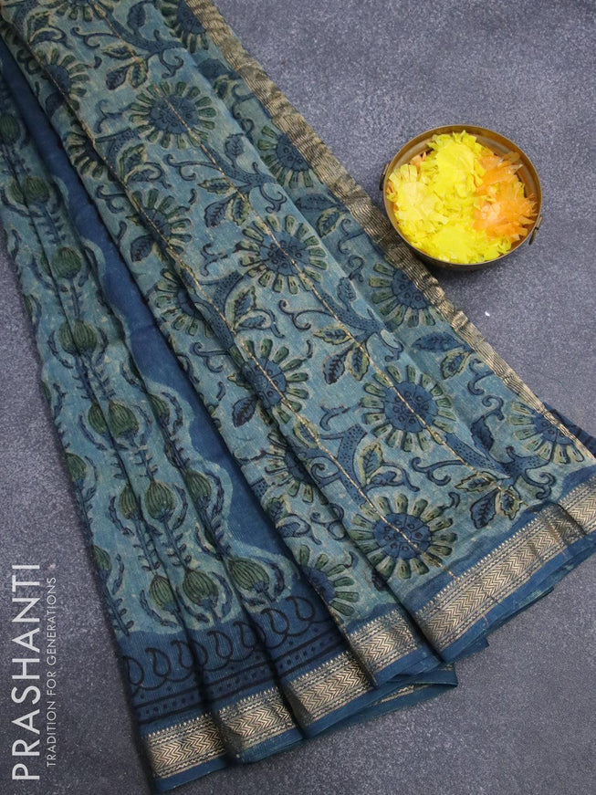 Chanderi bagru saree pastel blue and peacock blue with allover prints and maheshwari border - {{ collection.title }} by Prashanti Sarees