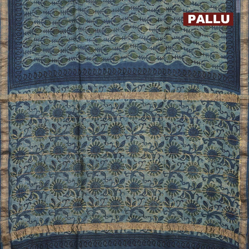 Chanderi bagru saree pastel blue and peacock blue with allover prints and maheshwari border - {{ collection.title }} by Prashanti Sarees
