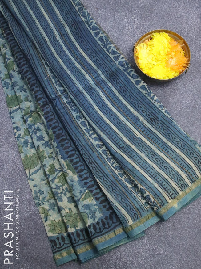 Chanderi bagru saree pastel blue with allover prints and small zari woven border - {{ collection.title }} by Prashanti Sarees
