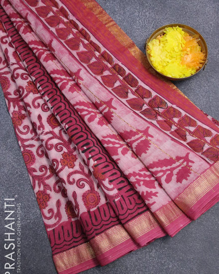 Chanderi bagru saree pastel pink and dark pink with allover dabu prints and maheshwari border - {{ collection.title }} by Prashanti Sarees