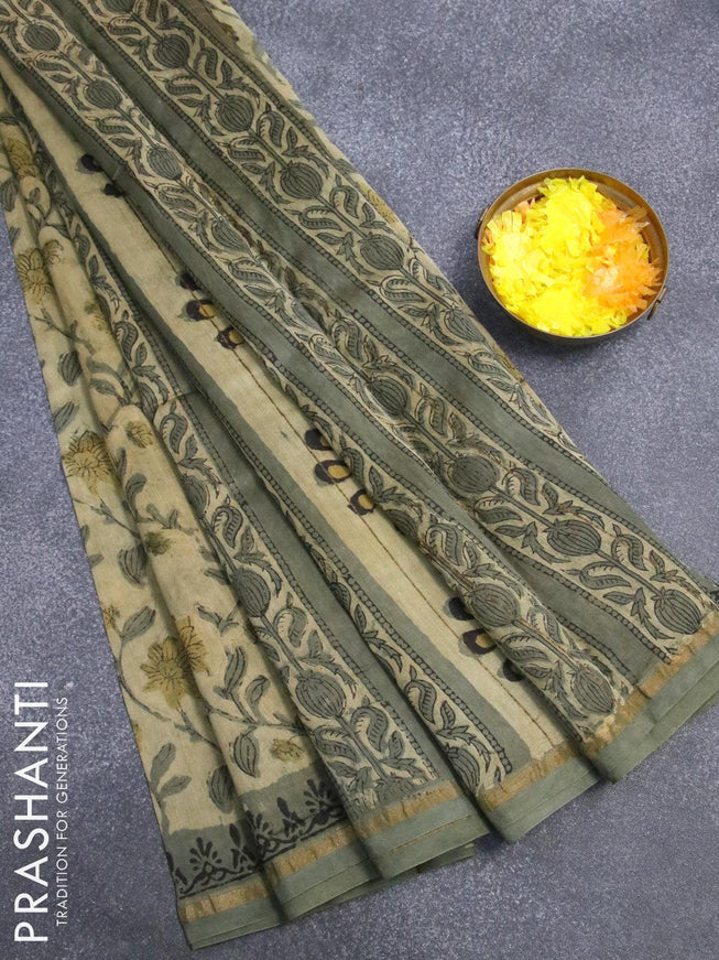 Chanderi bagru saree sandal and pastel green shade with allover floral prints and small zari woven border - {{ collection.title }} by Prashanti Sarees