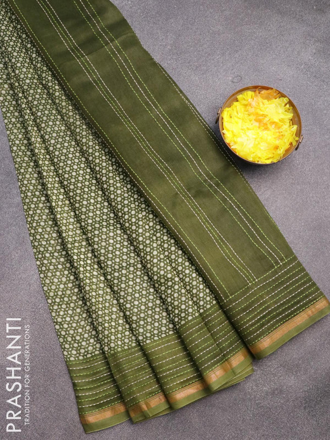 Chanderi silk cotton saree beige and mehendi green with allover geometric prints and kantha stitch work border - {{ collection.title }} by Prashanti Sarees